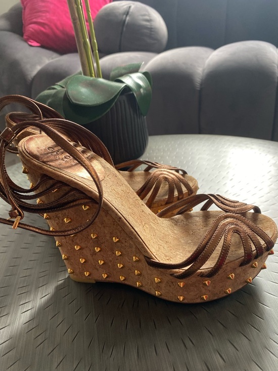 Gucci Shoes - Gucci Brown Cork Wedge Sandals with Gold Studs